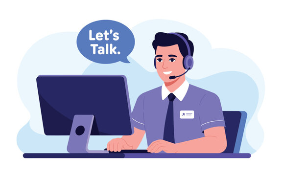 Friendly male call center agent wearing headset sits in front of computer with a speech bubble saying let us talk.