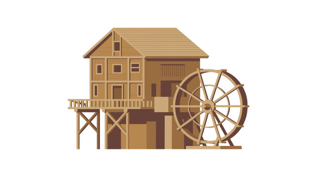 Traditional brown wooden water mill building with a large water wheel stands on wooden stilts on a white background.