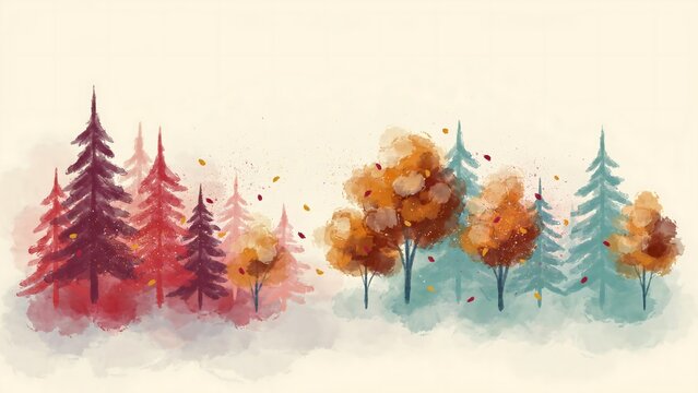 Watercolor painting of a forest landscape with red and teal autumn trees