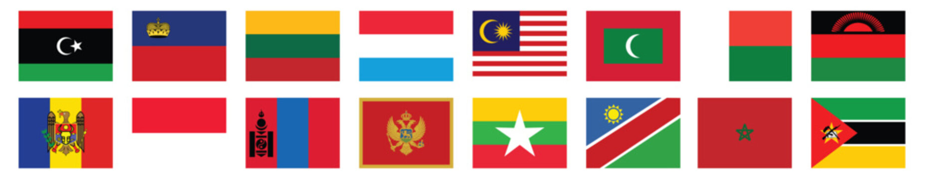 16 Countries Flag Collection, Editable Vector National Flag Set Featuring Libya, Liechtenstein, Lithuania, Luxembourg, Malaysia, Maldives, Madagascar, Malawi, Moldova, Monaco, Mongolia, Montenegro