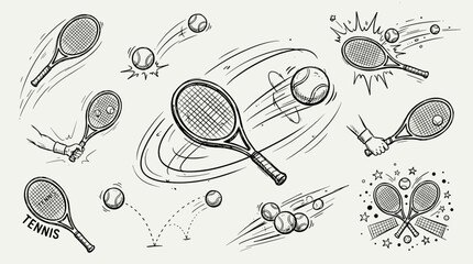 Tennis sketch illustration set with racket ball motion hand drawn vector graphics © MdSadekul