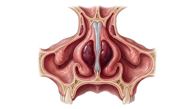 Medical illustration of a cross-section of the human nasal cavity showing septal hematomas