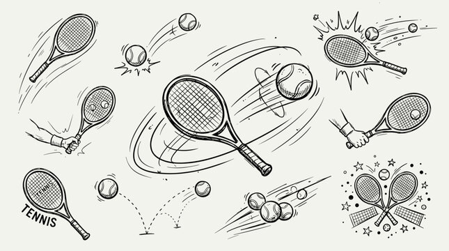 Tennis sketch illustration set with racket ball motion hand drawn vector graphics