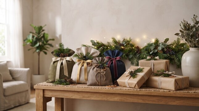 holiday decor christmas decoration present wrapping presents display festive package wrapped boxes linen pouches burlap sacks fabric containers drawstring holders ribbon tied