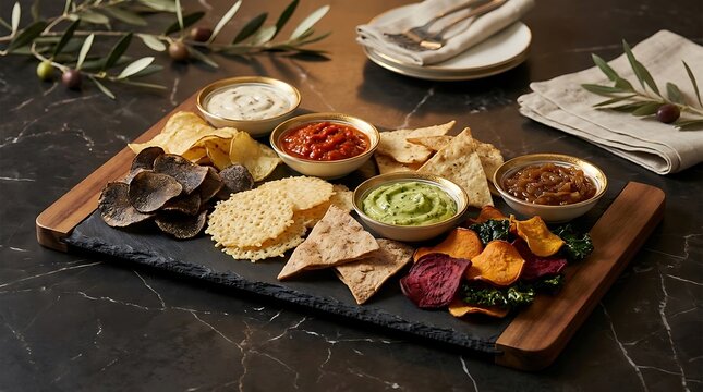 Assorted vegetable chips served with various dips on a dark stone serving board for party snacks. chip platter ideas