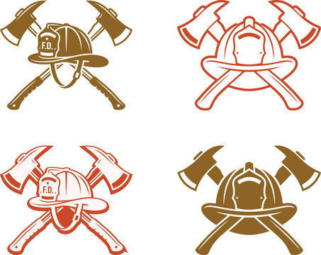 Set of four vintage firefighter emblems with crossed axes and helmets