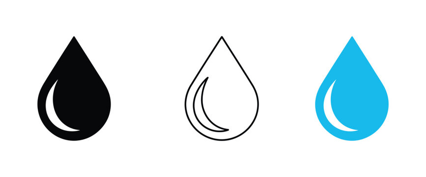 Water drop icon set, blue water drops, minimalist solid and outline symbols, water and oil drop shapes, flat vector design