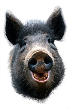 Funny baby pig smiling with cheerful expression on clean white background
