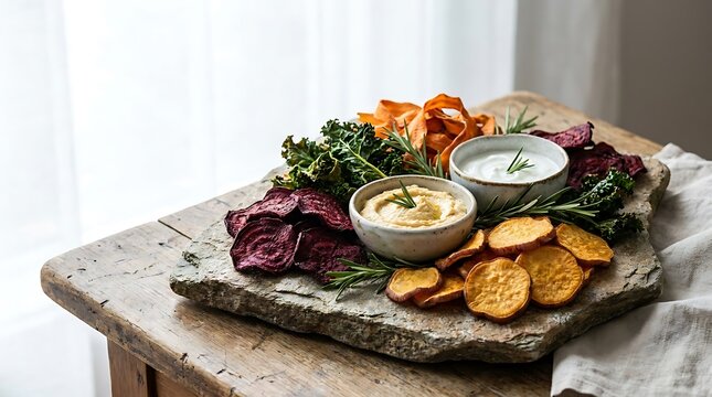 Healthy vegetable chips with creamy dips on a rustic stone board served on a wooden kitchen table top. chip platter ideas