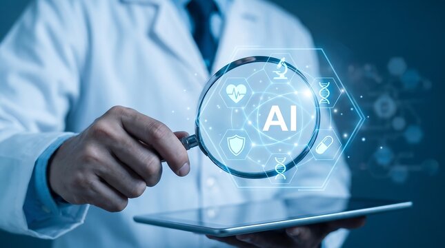 Doctor examining artificial intelligence and medical data with a magnifying glass and digital tablet