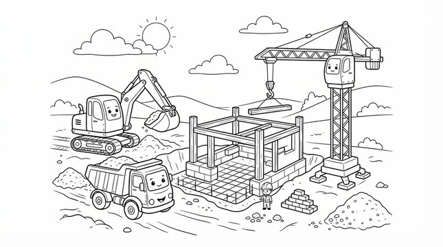Cute construction site with an excavator a dump truck and a crane for kids to color