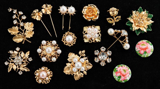 Vintage floral brooch and pin assortment combines pearls enamel and gold