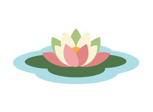 Beautiful lotus flower blooming on a green lily pad floating on light blue water vector illustration.