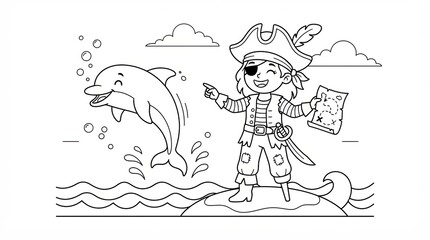 Fototapeta premium Cute pirate child with a treasure map and a jumping dolphin for coloring page art