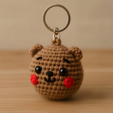 Cute crocheted bear keychain with smiley face and rosy cheeks  