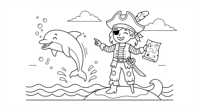 Cute pirate child with a treasure map and a jumping dolphin for coloring page art