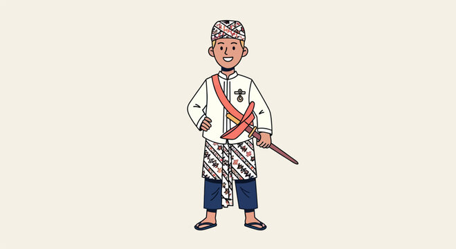 Man in Indonesian traditional clothing with kris dagger