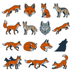 Obraz premium Red fox and wolf character variations set featuring multiple poses like jumping, sitting, running, sleeping, and head silhouettes. Minimalist vector flat illustrations of wild forest animals.