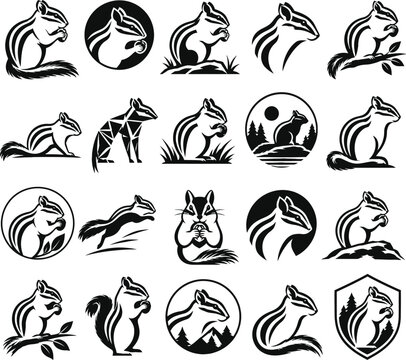 Black and white chipmunk mascot logo icon set vector template