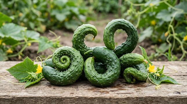 Fresh green curly fern fiddleheads harvested and placed on a rustic wooden table in the garden. vegetable shape distortions