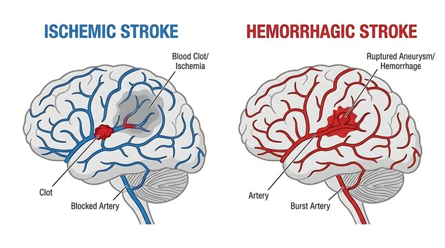 Brain stroke types comparison diagram detailing ischemic and hemorrhagic pathology for clinical neurological study guides