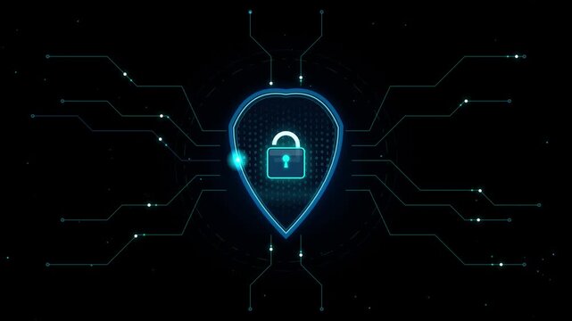 Abstract digital shield with padlock icon represents advanced cybersecurity protection for sensitive data over dark background.