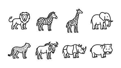 Obraz premium African Savanna Animals Icons: A collection of stylized black and white line art icons featuring iconic African savanna animals, including a lion, zebra, giraffe, elephant, cheetah, wildebeest.