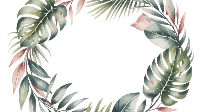 Elegant watercolor wreath featuring lush tropical monstera leaves and soft pastel foliage on white blank background
