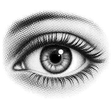 Close up illustration of a human eye with a vintage halftone stipple effect dot art black and white halftone illustration close up eyelashes perception monochrome expression biological