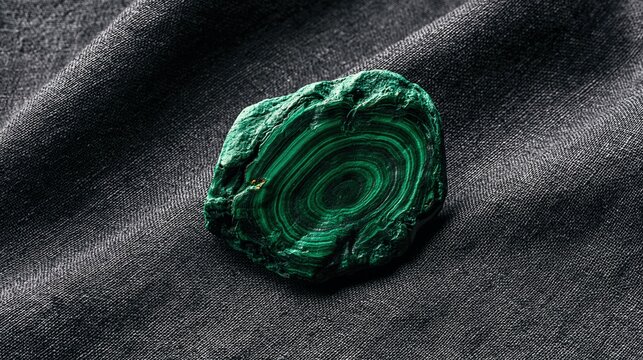 Polished malachite gemstone with swirling green banded pattern on dark gray fabric