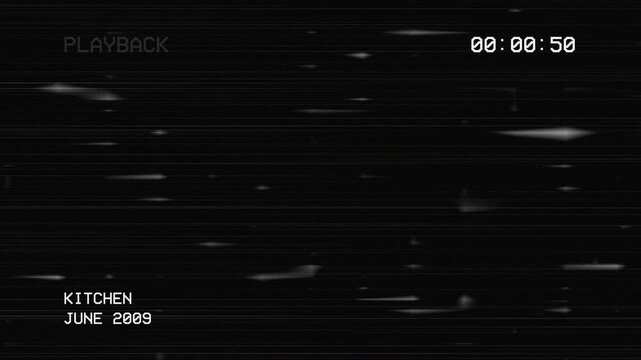 Distorted VHS playback glitch with kitchen location and 2009 date overlay