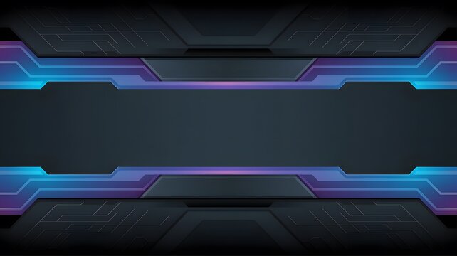 Abstract dark technology background featuring metallic shapes with glowing blue and purple neon light accents sharp