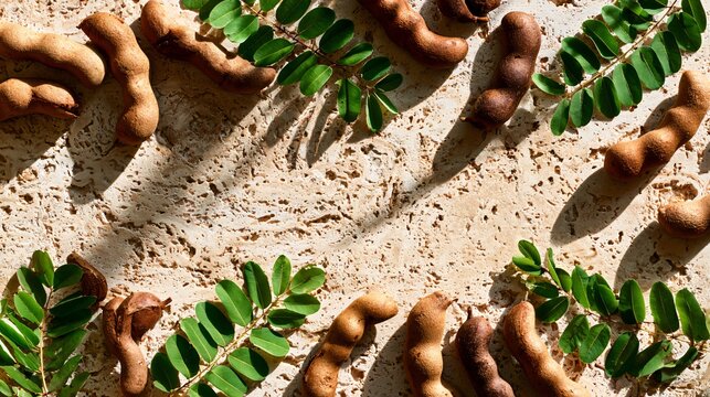 A top-down flat lay featuring tamarind fruit arranged across warm travertine stone beneath soft tropical sunlight, rustic brown pods and fresh green leaves creating elegant organic patterns