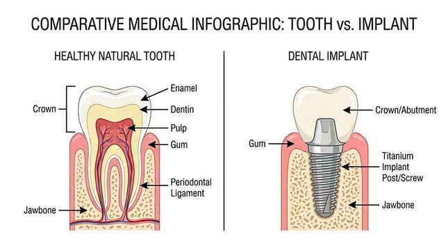 Comparative medical infographic tooth vs dental implant anatomy comparison showing structures and materials