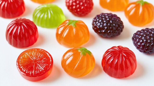 Glossy molded fruit jellies resemble berries citrus slices and cherries