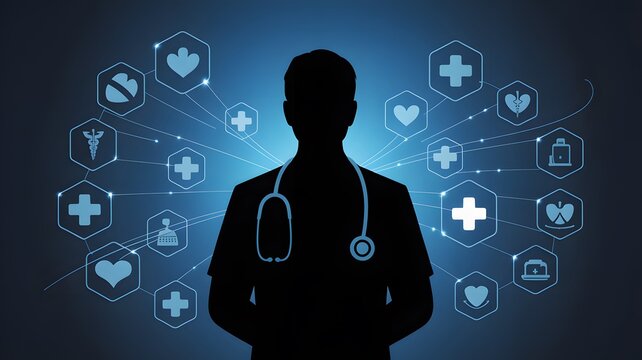 Silhouette of medical professional standing before glowing futuristic digital interface with floating healthcare icons and symbols