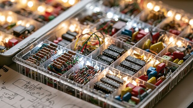 Plastic organizer box filled with assorted small electronic components and resistors