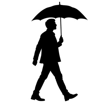 Silhouette of a man walking while holding an open umbrella isolated on white background with black shape walking person silhouette umbrella protection isolated character monochrome lifestyle