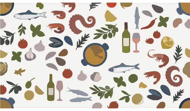 Mediterranean seafood and Italian Spanish cuisine seamless doodle vector pattern on white background