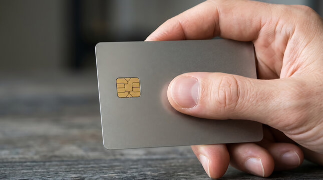 Close-up of fingers gripping a modern metallic credit card with a visible golden chip, unbranded.