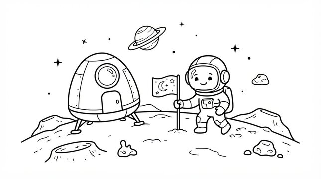 Cute astronaut standing with a flag on the moon surface line art