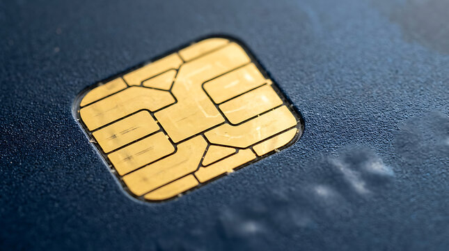 Macro close-up of a golden EMV microchip embedded on a textured matte blue credit card surface.