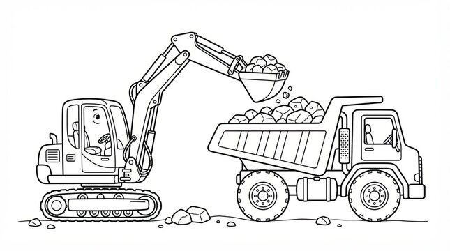 Excavator loading rocks into a large dump truck black and white drawing