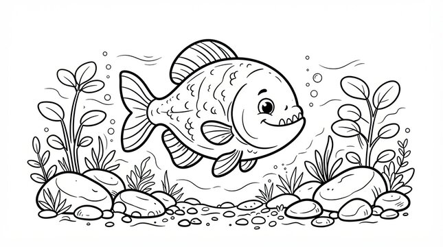 Cute piranha fish swimming underwater with plants and rocks line art