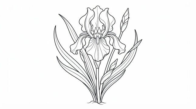 Beautiful iris flower line art drawing isolated on white background