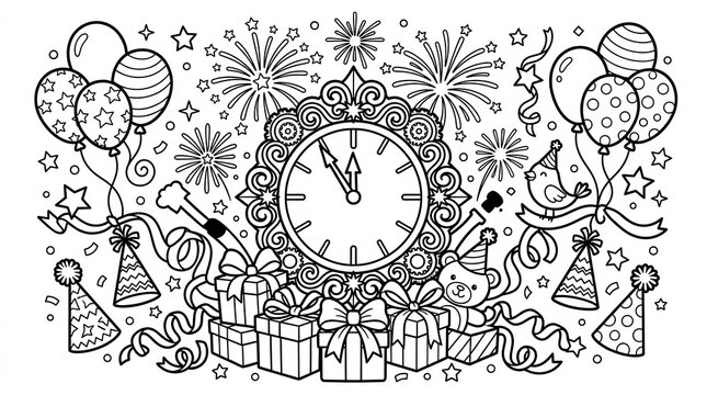 New years eve clock with fireworks and gift boxes coloring page