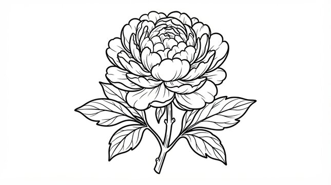 Beautiful blooming peony flower line art drawing with green leaves