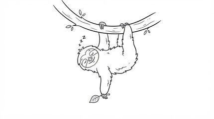Fototapeta premium Cute cartoon sloth sleeping while hanging on a tree branch drawing