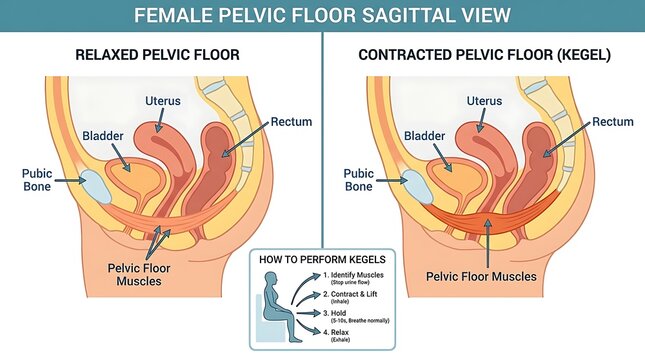 Female pelvic floor sagittal view diagram showing relaxed pelvic floor compared with contracted pelvic floor muscles