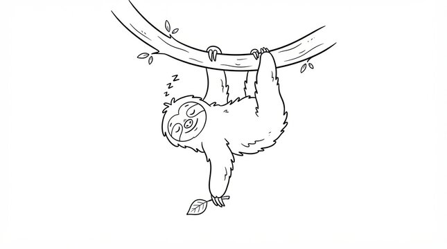 Cute cartoon sloth sleeping while hanging on a tree branch drawing